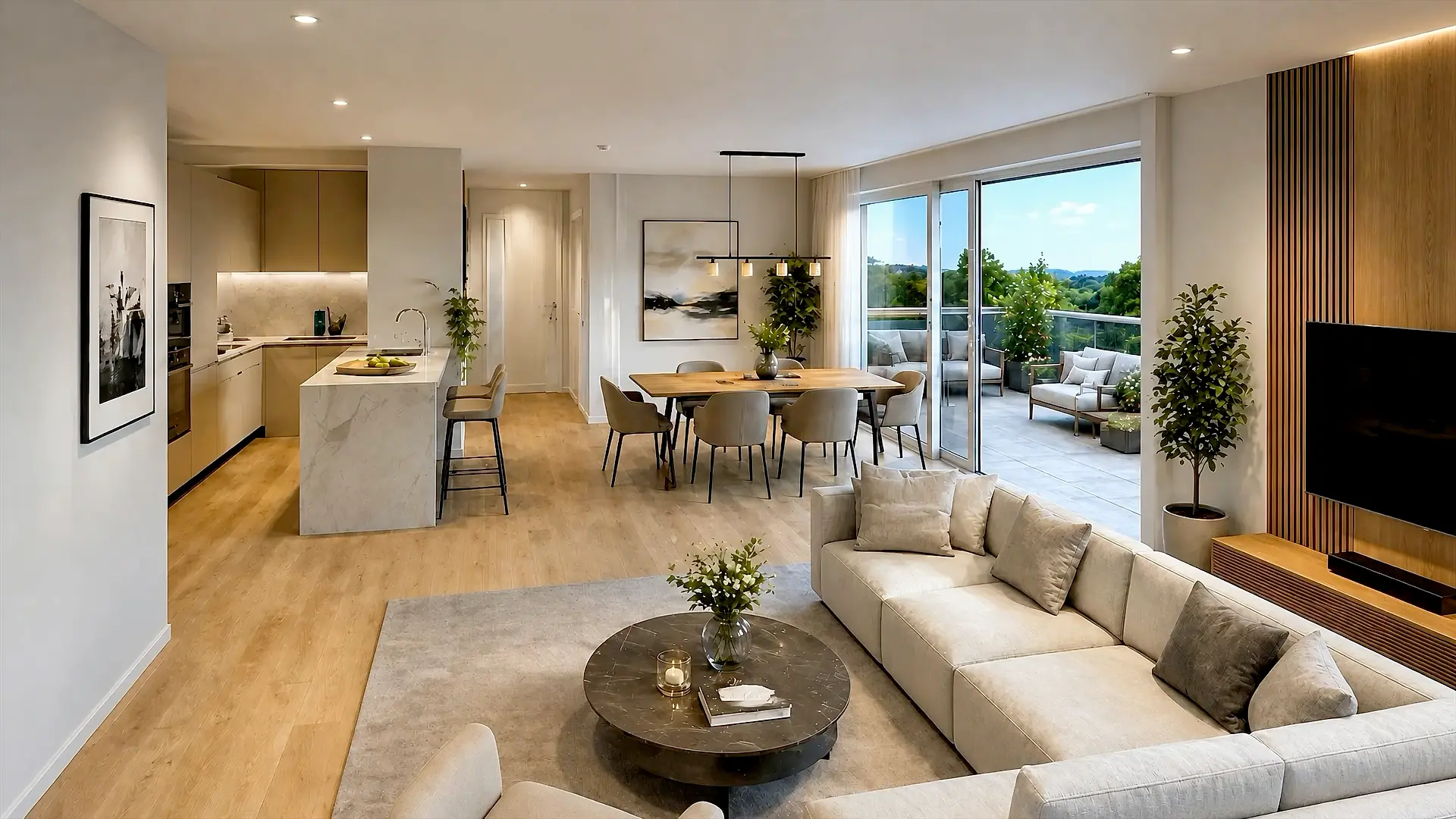 KI-Visualisierung: offener Wohnbereich mit Küche, Esstisch und Sofa, Schiebetüren zur Terrasse
